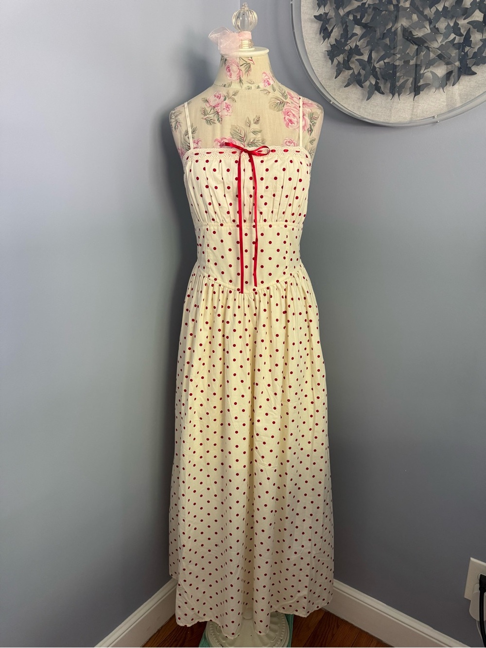 🆕 Cream Maxi Dress with Red Polka Dots and Bow